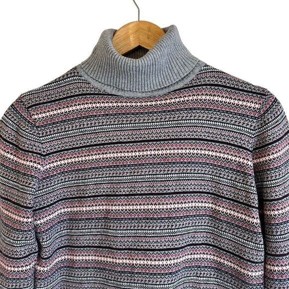 LL Bean Grey and Pink Fair Isle Cotton Cashmere Blend Turtle Neck Sweater - Picture 3 of 7